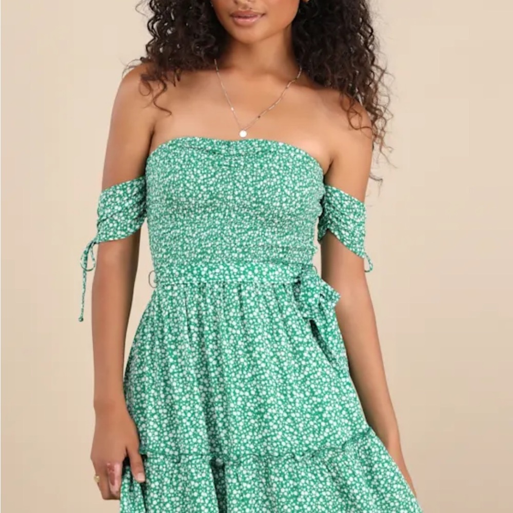 Sweetest Feelings Green Floral Off-The-Shoulder Mini Dress